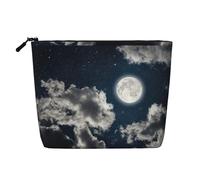 Night Sky Full Moon Zippered Cosmetic Bag Large Capacity, Fake Hemp Travel Pouch Daily Use Women's Organizer