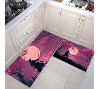 Night Sky Samurai Kitchen Rug Set 2 Piece Non Slip Anti Fatigue Magenta Kitchen Mat, Japanese Sakura Washable Mats And Rugs For Hallway Runner Set Dining Room Entryway Home
