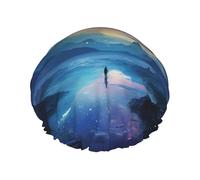 Night Sky Shower Cap for Women Double Layers Thick Hair Caps Reusable Waterproof Bath Caps with Elastic Band Hair Hat Washable Shower Hat for Men Women Spa Salon