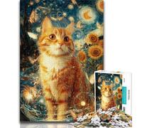 Night Sky Style Orange Cat Jigsaw Puzzles 1000 Pieces for Adults Teens,Staycation Kill Time with Fully Interlocking Randomly Shaped Pieces 75x50cm