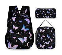 Night Spirit Butterfly Printed Dayback Set with Lunch Bag And Pencil Case Lightweight Classic Backpack Set 3pcs