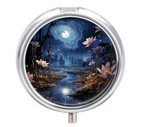 Night Stars and Flowers Pill Box - 3 Compartment Travel Pill Organizer with Small Mirror, Portable Pillcase for Pocket & Purse, Cute Round Medicine Case, Weekly Medicine Container