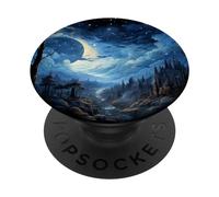 Night Stars Pine Trees Moon River Illustration Graphic PopSockets Swappable PopGrip