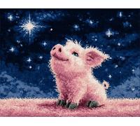night view DIY Latch Hook Rug Kits for Adults,Pink pig looking up at the starry sky,Tapestry Pre-Printed Patterns Carpet Needlework Crochet Yarns Latch Hooking Mat Cushion for Home Decor,80x160cm