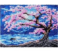 Night View Latch Hook Rug Kits for Adults Beginners,Cherry Blossom Trees by The River,DIY Crochet Rug Making Kit with Printed Patterns Rug Making for Home Decoration Gifts,60x90cm