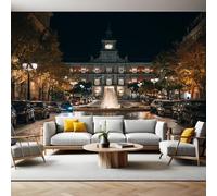 Night View Mural Wallpaper City Street Fountain Photo Wallpaper 3D Effect 200 x 140 cm Non-Woven Wall Mural Home Bedroom Living Room Tv Background Poster Decoration