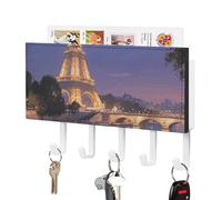 Night View of The Eiffel Tower in Paris Key Holder Wall Mounted, PU Leather Key Hanger with 5 Hooks, Self Adhesive Keys Holder for Entryway, Kitchen, Bathroom Decor