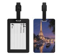 Night View of The Eiffel Tower in Paris Luggage Tags for Suitcases with Durable Loop Privacy Cover ID Label Travel Bag Cute Luggage Identifiers for Women Men Travel Backpack Traveling Accessories