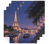Night View of The Eiffel Tower in Paris Napkins 4 PCS 18.7x18.7 Inch, Durable Polyester Cloth Napkins Decorative Handkerchief for Guests Reusable Washable Dining Napkin for Wedding, Hotel, Home Dining