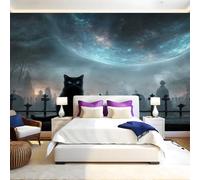 Night View Photo Wallpaper Black cat Under The Starry Sky Wall Murals for Living Room Bedrooms Office Tv Background Wall Large Mural Poster 300 x 210 cm Home Decoration