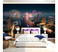 Night View Wall Mural 250 x 180 cm City River Landscape Non-Woven Art Print Wallpaper Mural for Walls Living Room Bedroom TV Background Boys Girls Kids Rooms Decoration