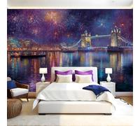 Night View Wall Mural 250 x 180 cm London Bridge Fireworks Non-Woven Art Print Wallpaper Mural for Walls Living Room Bedroom TV Background Boys Girls Kids Rooms Decoration