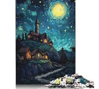 Night Village Under Starry Sky Puzzle 100% Recycled Cardboard Premium Cardboard Jigsaw Puzzle for Adult Children 500pcs (52x38cm)