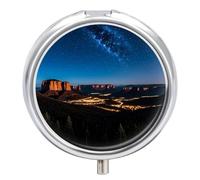 Night Western Style Metal Pill Organizer, 3 Compartment Waterproof Pill Case with Mirror for Purse Pocket Bag, Daily Medicine Vitamin Holder, Portable Travel Med Container(Round)