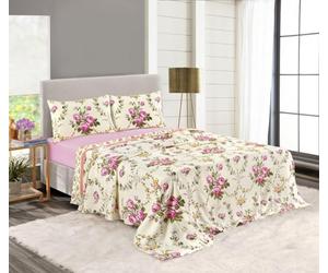 Night Zone Floral Sheet Set Olivia 100% Brushed Cotton Thermal Flannelette Fitted Sheet Set Flat Sheet & Pillowcases Bedding Set (Pink, Double)