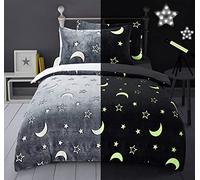 Night Zone Moons & Stars Glow In The Dark Grey Kids Boys Girls Grey Reverse Soft Feel Fleece Duvet Cover Quilt Bedding Set with Pillowcases (Single, Moons & Stars)