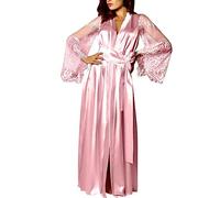 Nightdress for Womens Kimono Robes Dressing Gown Satin Bathrobe Nightdress Short Style Bridal Robe with Oblique V-Neck Waist Tie Maxi Sleep Outwear Ladies Silk Satin Lace Lounge Cardigan Pink L