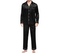 Nightdress Pyjamas Sleeepwear Casual Pyjamas for Men Long Sleeve Button Silk Satin Two Piece Sleepwear Suit Pants Pajamas, black, L