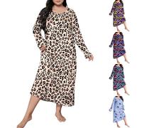 Nightdress Women's Long Sleeve Cotton Long Sleep Shirt Women's Oversize Funny Underdress Leopard Print Sleep Dress Large Sizes Nightgowns Midi Night Dress Elegant Sleepwear Cuddly Sleep Shirt Soft