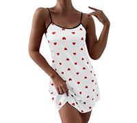 Nightdresses for Women UK Suspenders Heart Print Cami Homewear Satin Nightdress Midi Dress Nighties Women Silk Nightgown Loose Womens Lingerie Set Plus Size Pajama Sexy Nightwear Gifts for Women Set