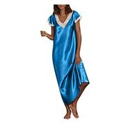 Nightgown Dresses for Women Plus Size Solid Nightshirt Long Sleeve Lace V Neck Loose Fit Loungwear Sleepwear Ladies Satin Nighties Casual Maxi Dresses Green