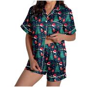 Nighties For Women Plus Size Women Pajamas Graphic Printed Silk Satin Cute Sleepwear Buttons Short Sleeve Tops Shorts Sets Cute Pj Set All Cotton Pajamas Women Plus Size (Blue, L)