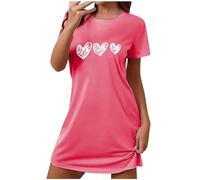 Nighties Midi Heart Print Womens Nightdresses Oversized Ladies Nightshirts Crewneck Nightie Short Sleeve Womens Nightwear Hot Pink
