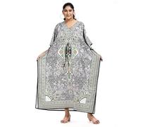 NIGHTINGALE COLLECTION Womens Long Kaftans Printed Dress with Waist Tie. (Beige, One Size)