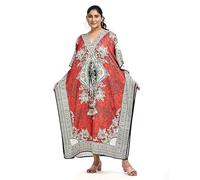 NIGHTINGALE COLLECTION Womens Long Kaftans Printed Dress with Waist Tie. (Flame Red, One Size)
