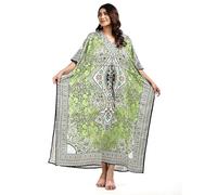 NIGHTINGALE COLLECTION Womens Long Kaftans Printed Dress with Waist Tie. (Lime Green, Pack of 1)