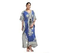 NIGHTINGALE COLLECTION Womens Long Kaftans Printed Dress with Waist Tie. (Royal Blue, One Size)