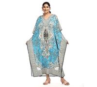 NIGHTINGALE COLLECTION Womens Long Kaftans Printed Dress with Waist Tie. (Sky Blue, One Size)