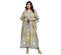 NIGHTINGALE COLLECTION Womens Long Kaftans Printed Dress with Waist Tie. (Yellow, One Size)