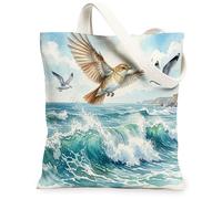 Nightingales Bird Canvas Tote Bag for Shopping 13 * 15, Cool Sea Ocean Waves Scenery Reusable Grocery Bag for Women, Animal Travel Pattern Gift Decoration