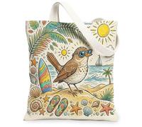 Nightingales Bird Canvas Tote Bag for Shopping 13 * 15, Cute Coastal Beach Shells Reusable Grocery Bag for Women, Tropical Work Travel Painting Gift Decor