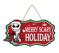 Nightmare Christmas Decorations, Funny Holiday Wood Door Hanging Sign, Merry Scary Holiday Welcome Sign Front Door Decor Party Supplies, Jack Skellington Nightmare Christmas Merch Gifts for Women Men