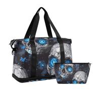 Nightmare Skull Blue Neon Eyes Halloween Tote Bag Sports Training Bag with Toiletry Bag for Airplane Travel Waterproof, Nightmare Skull Blue Neon Eyes Halloween, 1 Size, Nightmare skull blue neon eyes