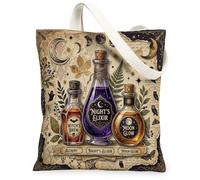 Night's Elixir Canvas Tote Bag, Fanciful Vintage Witch's Brew Moon Luminous Fall Violet Everyday Tote Bags 13x15 Inch, Purple, 13x15 Inch
