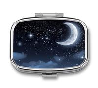 Nightsky Hanging Moon Pill Case for Travel, Rectangle Metal Pill Organizer with 2 Compartments, Portable Daily Medicine Box for Purse, Wallet