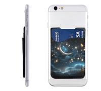 Nightsky Hanging Moon Stars Leather Cell Phone Wallet, Stick On Phone Card Holder for Back of Phone Case - Adhesive Phone Pocket Credit Card ID Case Pouch Sleeve for Women Men