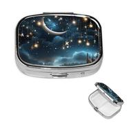 Nightsky Hanging Moon Stars Pill Case with Mirror Retro 2 Compartment Pill Box Small Pill Organizer for Purse or Pocket Decorative Metal Medicine Vitamin Organizer Unique Gifts