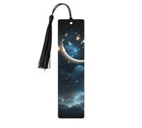 Nightsky Hanging Moon Stars Wooden Bookmarks 5pcs with Black Tassels Handmade Double-Sided Printed Book Marks Page Markers Book Accessories Gift for Book Lovers Women Men