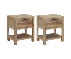 Nightstand 2pc Rustic Brushed Acacia Wood & MDF 40x30x48 cm Small Drawers Shelf