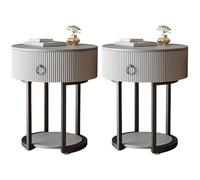 Nightstand, Modern Bedside Table End with Drawer, Metal and Stone Bed Nightstand Classic Glam Cabinet Furniture Wood Frame for Bedroom, Grey Black, Set of 2