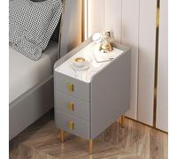Nightstand with 3 Drawers, Solid Wood Frame, Faux Leather, Stone Top, Metal Legs, Modern Bedside Table for Bedroom Storage and Organization