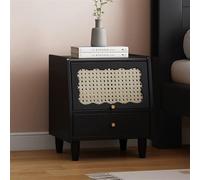 Nightstands Solid Wood Bedside Table Rattan Storage Cabinet with Flip Door Small Nightstand with Drawer Small End Table Side Table for Bedroom Living Room