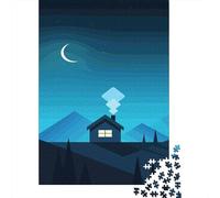 Nighttime Cabin in Mountains Adult Paper Puzzle, Lakeside Architecture Scene, Weekend Hobby, Premium Paper Puzzle, for Puzzle Lovers, 38x26cm/1000pcs