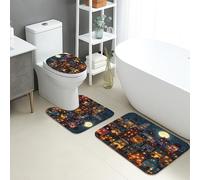 Nighttime Cityscape Bathroom Mat Sets 3 Piece, Colorful House Pattern Absorbent Non Slip Toilet Rugs U Shaped Washable, Cozy Urban Quick Dry Memory Foam Bathroom Rug Set
