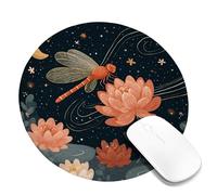 Nighttime Floral Dragonfly Desk Mouse Pad, Peach Water Lily Flowers Stitched Edge Mousepad, Rubber Non-Slip Washable Gaming Mouse Pad for Home and Office Computer, Laptop Round 8x8 Inch