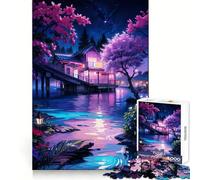 Nighttime Lakeside House Jigsaw Puzzles for Adults1000 Pieces Mind Puzzle Cozy Relax Image Assembly (38x26cm)